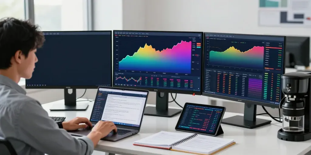 Trader analyzing charts on TradingView in a bright office environment, showcasing a professional trading setup.
