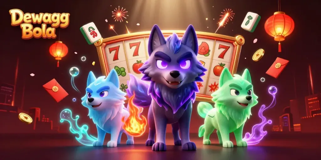 Dewagg Bola captures thrilling gameplay with ghostly wolves, golden mahjong tiles, and slot reels.
