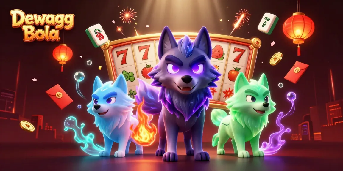 Dewagg Bola captures thrilling gameplay with ghostly wolves, golden mahjong tiles, and slot reels.