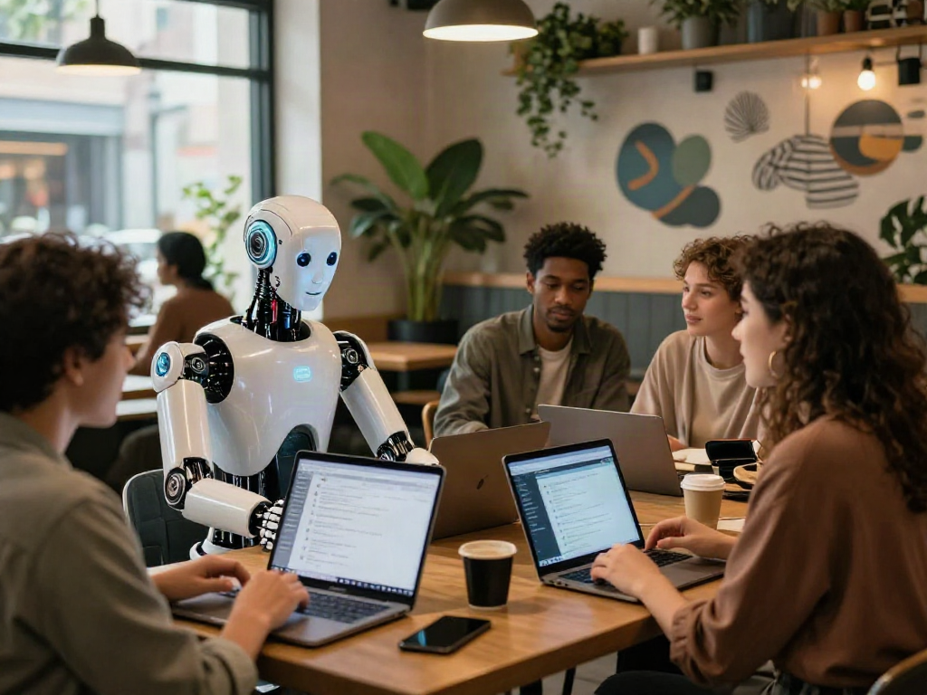 Engaging scene of a sex bot interacting with people in a modern café, showcasing emotional AI technology and social connectivity.