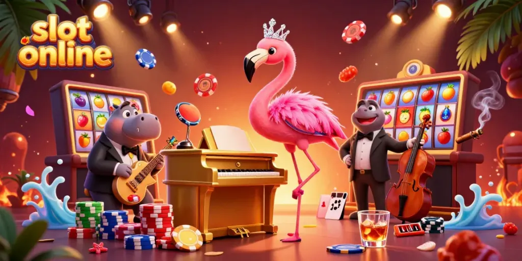 Experience the excitement of slot online games with a vibrant casino scene featuring unique characters and rich details.