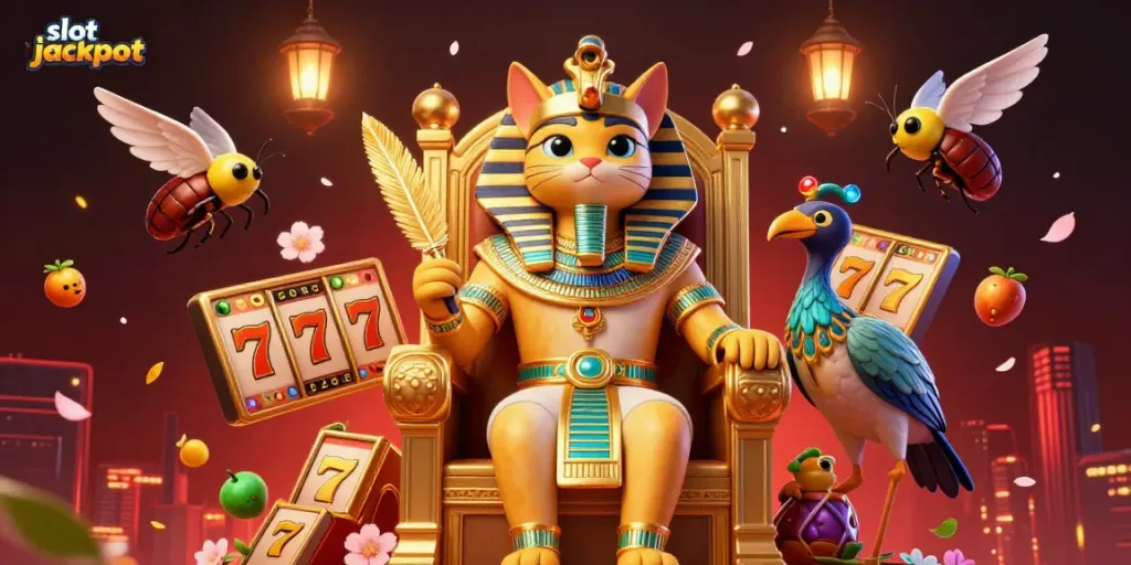 Engage with a slot jackpot adventure featuring a pharaoh cat, dynamic game elements, and a vibrant casino atmosphere.