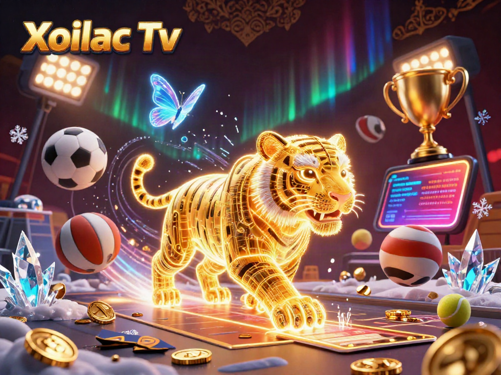 Xoilac Tv showcases a vibrant digital casino scene with a golden tiger and 3D sports elements.