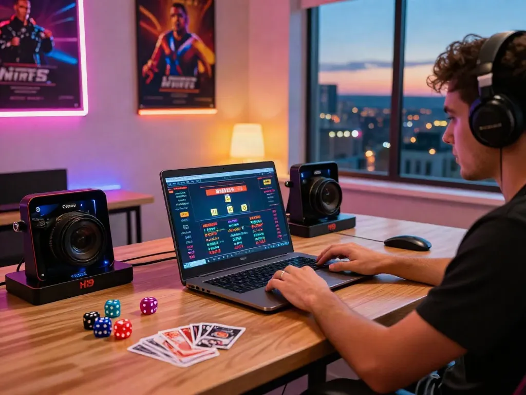 Player engaged with live casino game on H19 platform, surrounded by gaming accessories and city view.