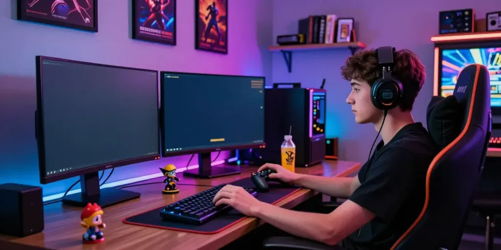 Gamer terfokus memainkan permainan slot online rajalangit77 dalam suasana gaming yang semarak.