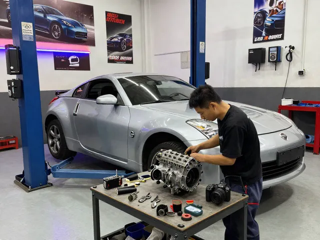 Mechanic inspecting CD009 transmission for sale in an automotive garage.