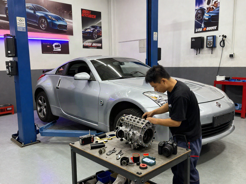 Mechanic inspecting CD009 transmission for sale in an automotive garage.