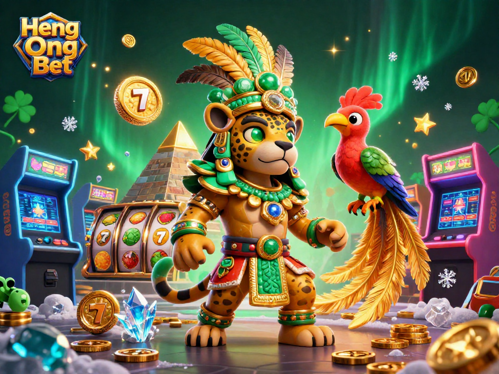 Engage with Heng Ong Bet in an immersive 3D casino adventure featuring vibrant slot reels and Mayan characters.