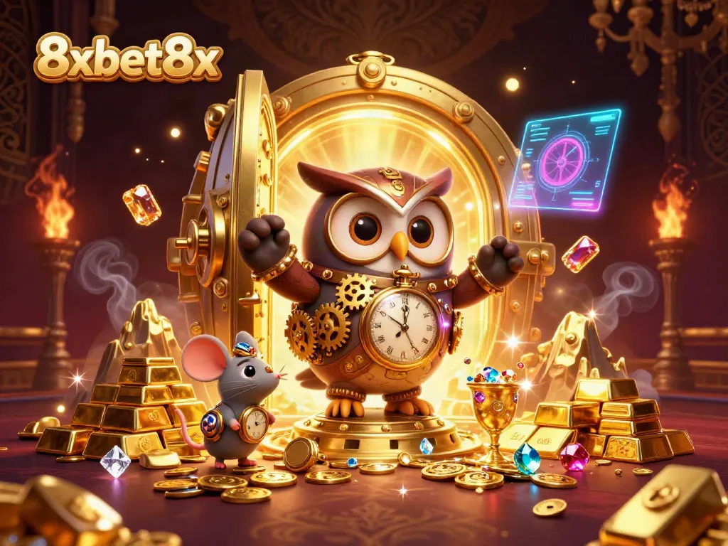 Engage with 8xbet8x's dynamic casino scene featuring a steampunk owl and dazzling treasures.