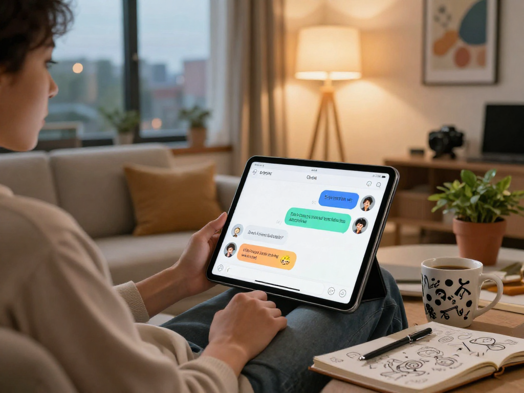 AI chat NSFW scene with person enjoying playful conversation on tablet in cozy home