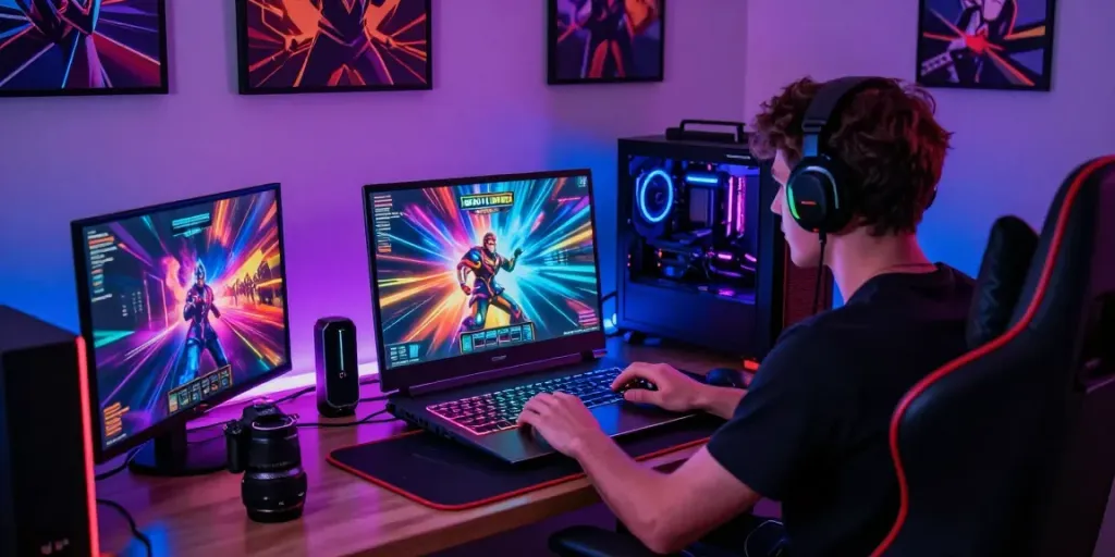 PESGSLOT user engaged in online slot gaming with dynamic graphics and RGB lighting.
