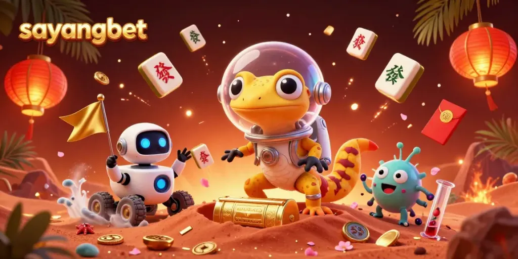 Explore the vibrant sayangbet casino scene with a Martian gecko uncovering treasures.