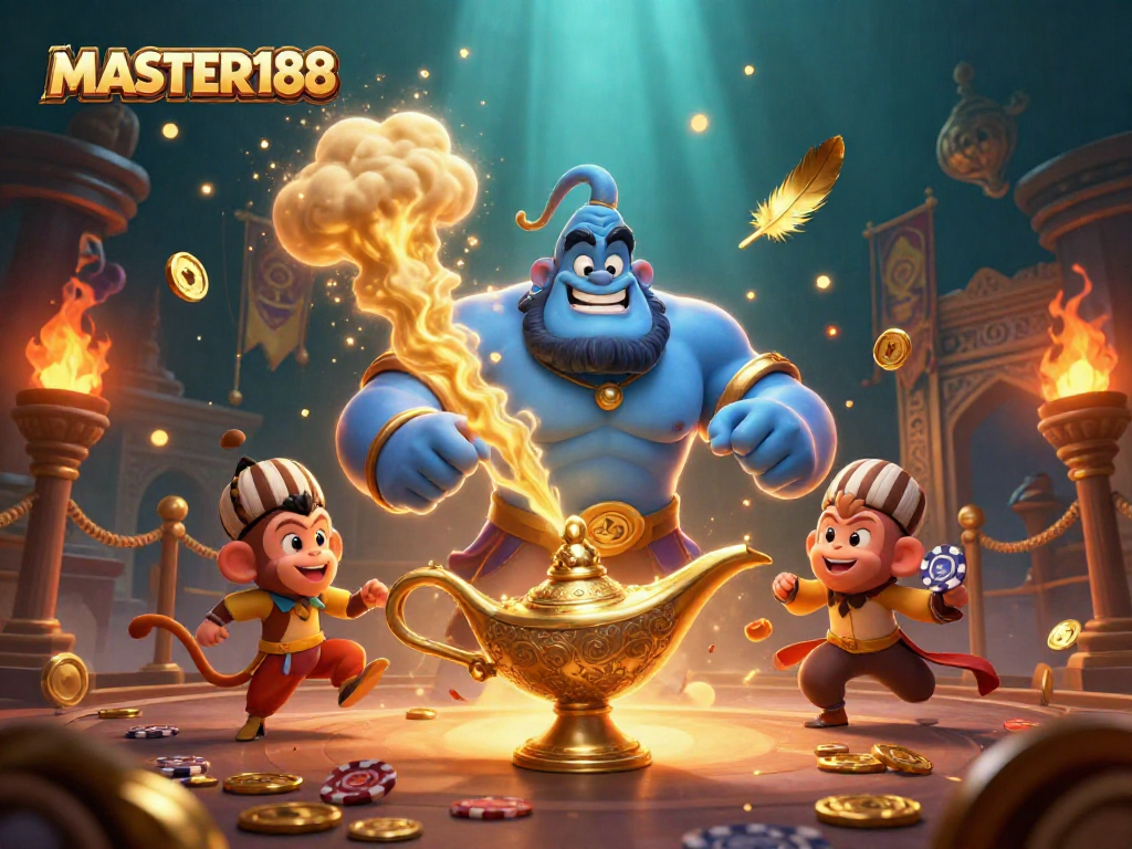 Experience MASTER188's exciting casino atmosphere with a vibrant genie, monkey, and poker chips.