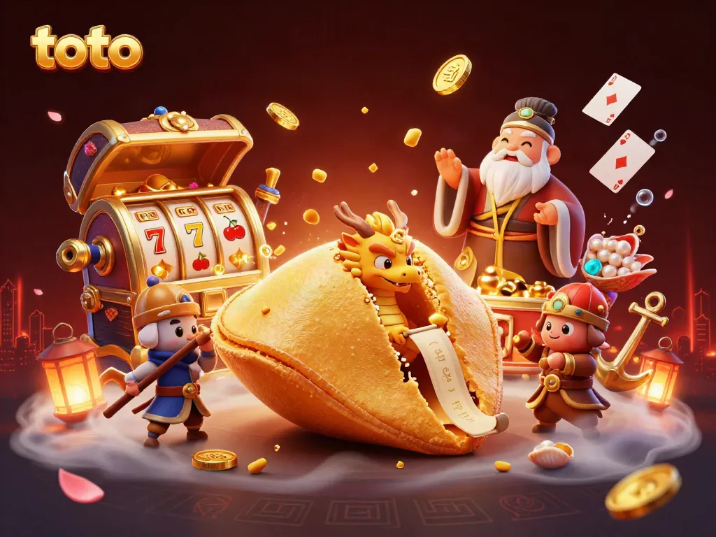 Win big with toto-themed transactions featuring a magical scene of fortune cookies and slot elements.