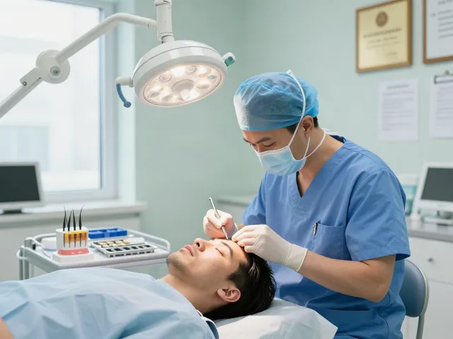 Hair transplant procedure showcasing SMART™ FUE technique by a surgeon in a modern clinic.