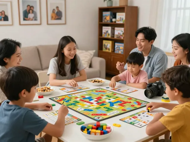 Family enjoying a lively board game night, emphasizing joy and togetherness while playing Qwirkle and Ticket to Ride.