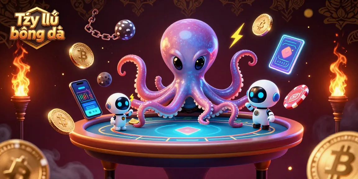 Tỷ lệ bóng đá showcases an alien octopus at a holographic poker table amidst interstellar elements.