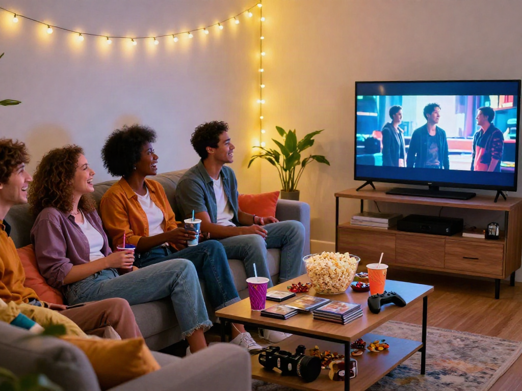 Friends enjoying a Moviebox movie night with popcorn and laughter in a cozy living room.