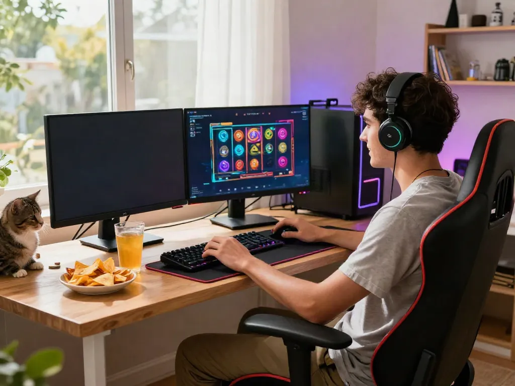 Engaged player enjoying situs slot777 on a high-performance gaming setup in a cozy urban home.