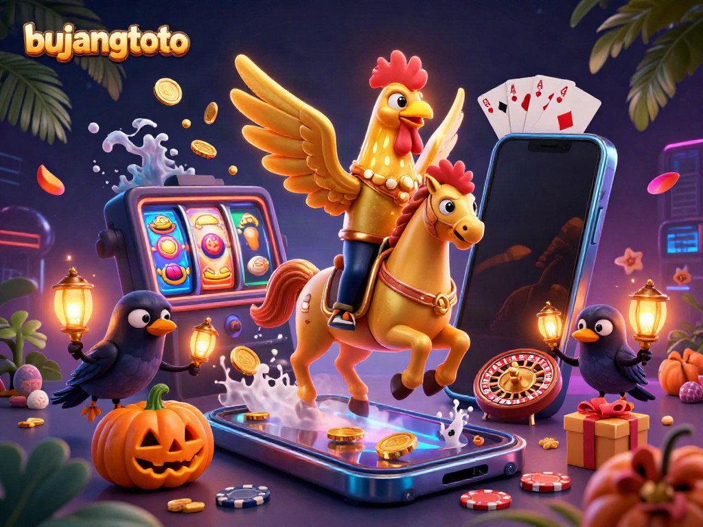 Experience thrilling gameplay with bujangtoto in this vibrant 3D casino scene featuring animated characters and dynamic slot games.