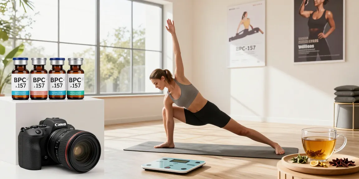 BPC-157 for sale showcased in a vibrant wellness studio with fitness enthusiast practicing yoga.