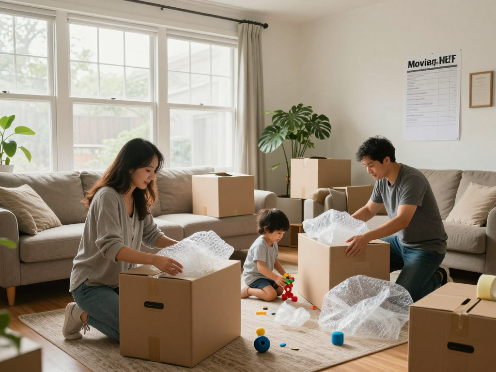 Family working on a moving checklist while packing for a new home.