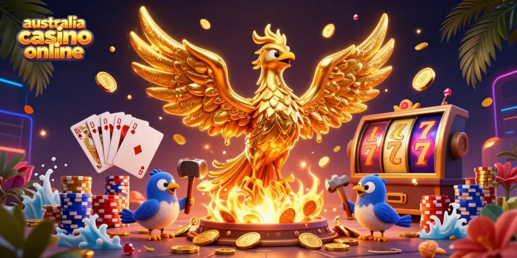 Experience the thrills at australia casino online with a golden phoenix, shimmering coins, and vibrant gaming elements.