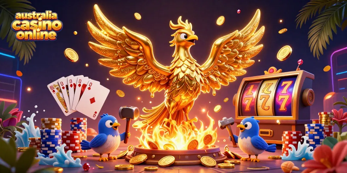 Experience the thrills at australia casino online with a golden phoenix, shimmering coins, and vibrant gaming elements.