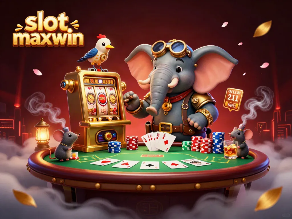 Engage in the action of slot maxwin with a whimsical steampunk elephant, vibrant gaming elements, and a captivating background.