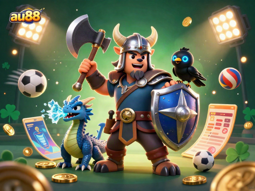 Experience the thrilling activities at au88 with a 3D Viking wolf warrior, fierce dragon, and dynamic sports elements.