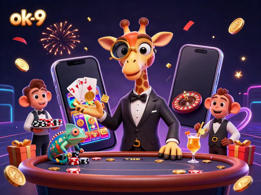 Experience ok-9's thrilling casino scene with a high-roller giraffe, monkey valet, and cocktail-mixing chameleon.