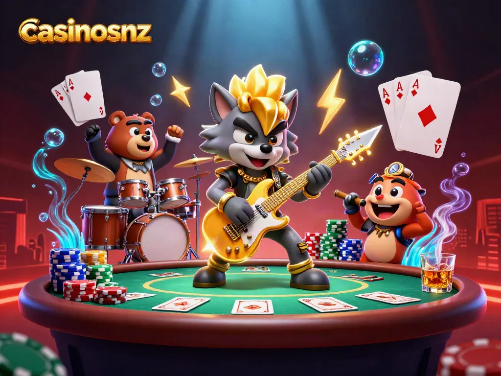 Experience thrilling gaming action with casinosnz as a rock star wolf and drummer bear perform on stage.