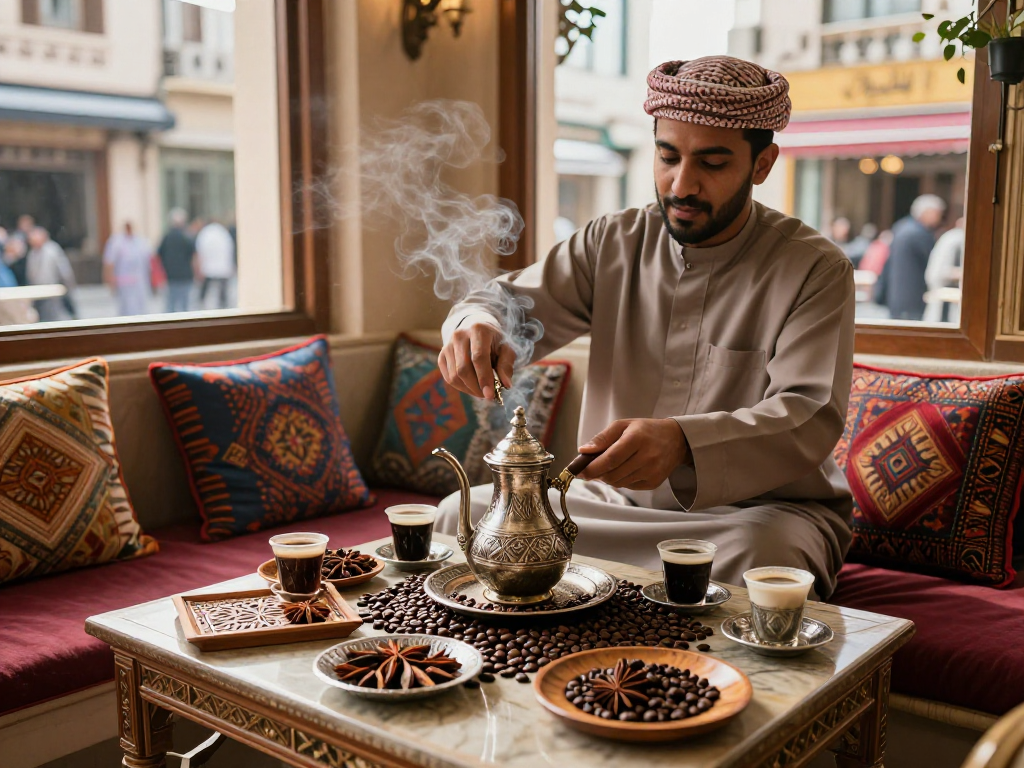 قهوجيين في مقهى تقليدي مع تقديم القهوة والأجواء الدافئة والمزينة