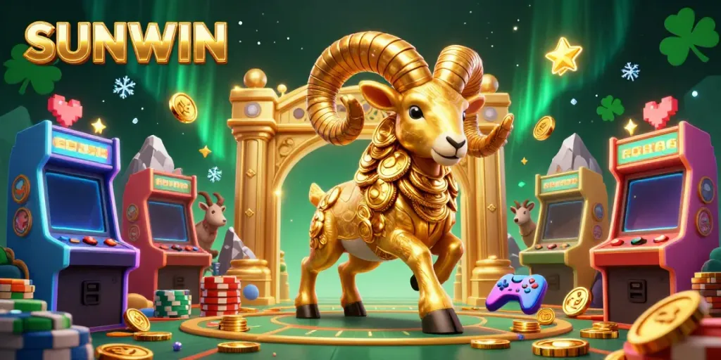 Experience the thrilling world of SUNWIN with a dynamic golden ram charging through casino-themed elements.