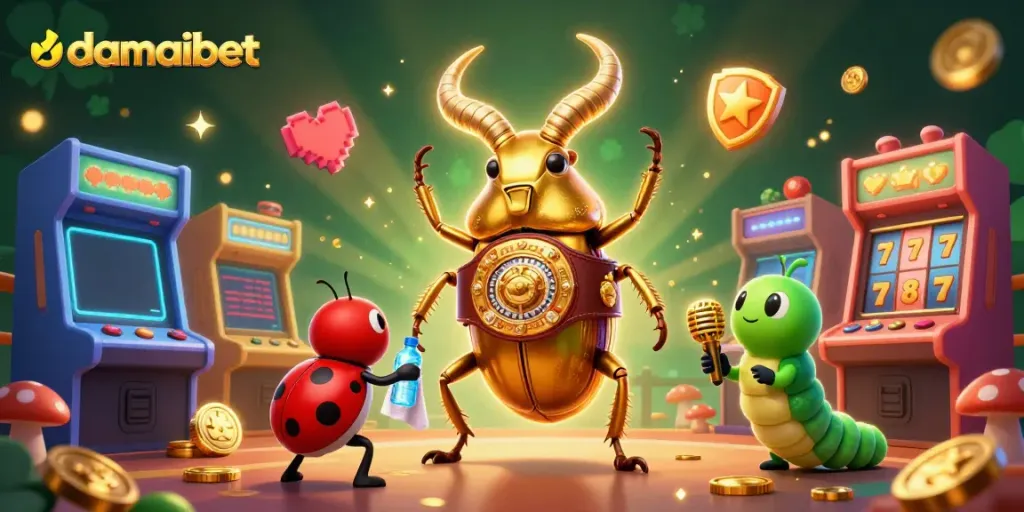 Damaibet showcases a vibrant casino theme with a golden beetle boxing champion, a cheering ladybug, and a caterpillar announcer.