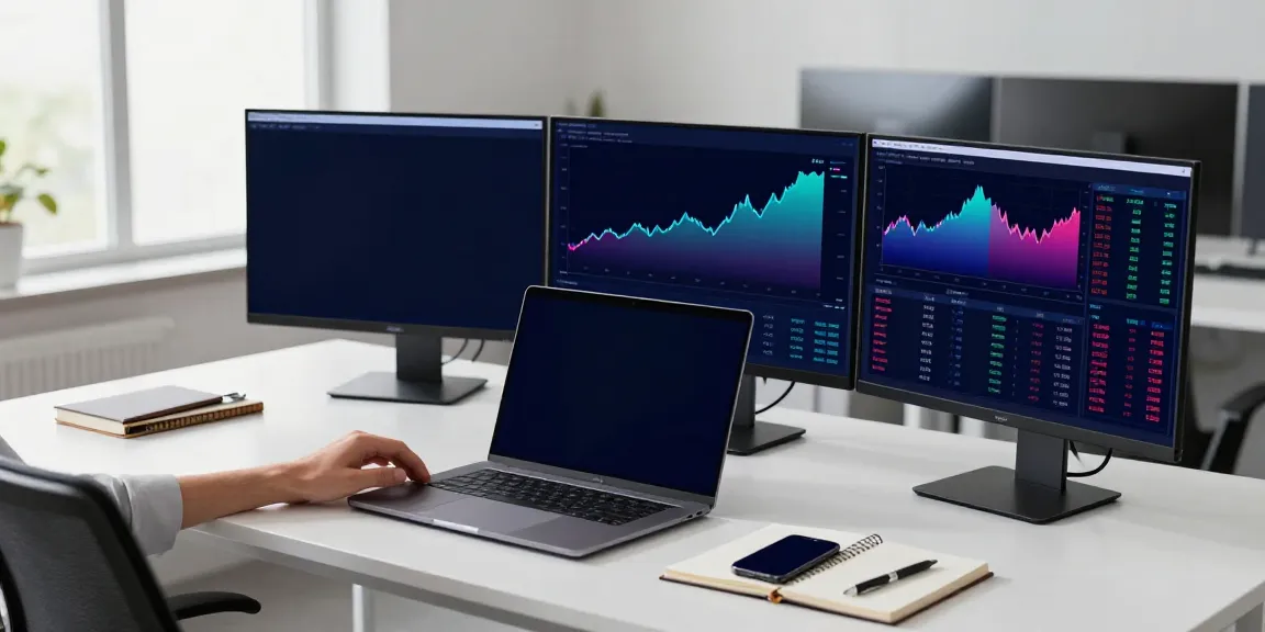 Real-time stock market API usage in a professional crypto trading workspace with multiple screens displaying cryptocurrency data.