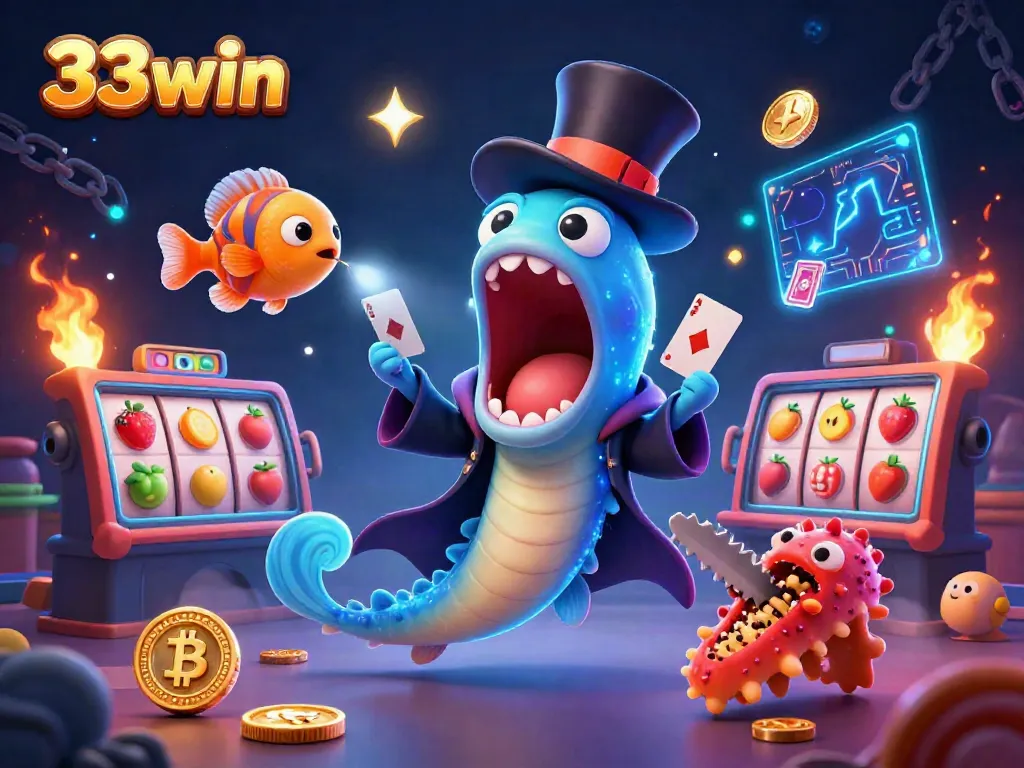 Watch the 33win magic act featuring a glowing gulper eel performing card tricks amidst dazzling casino elements.