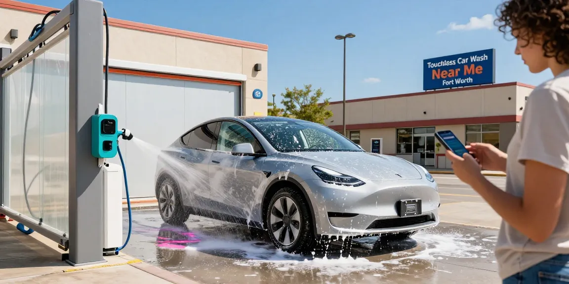 Touchless car wash near me Fort Worth showcasing advanced washing technology and electric vehicle entering the wash.