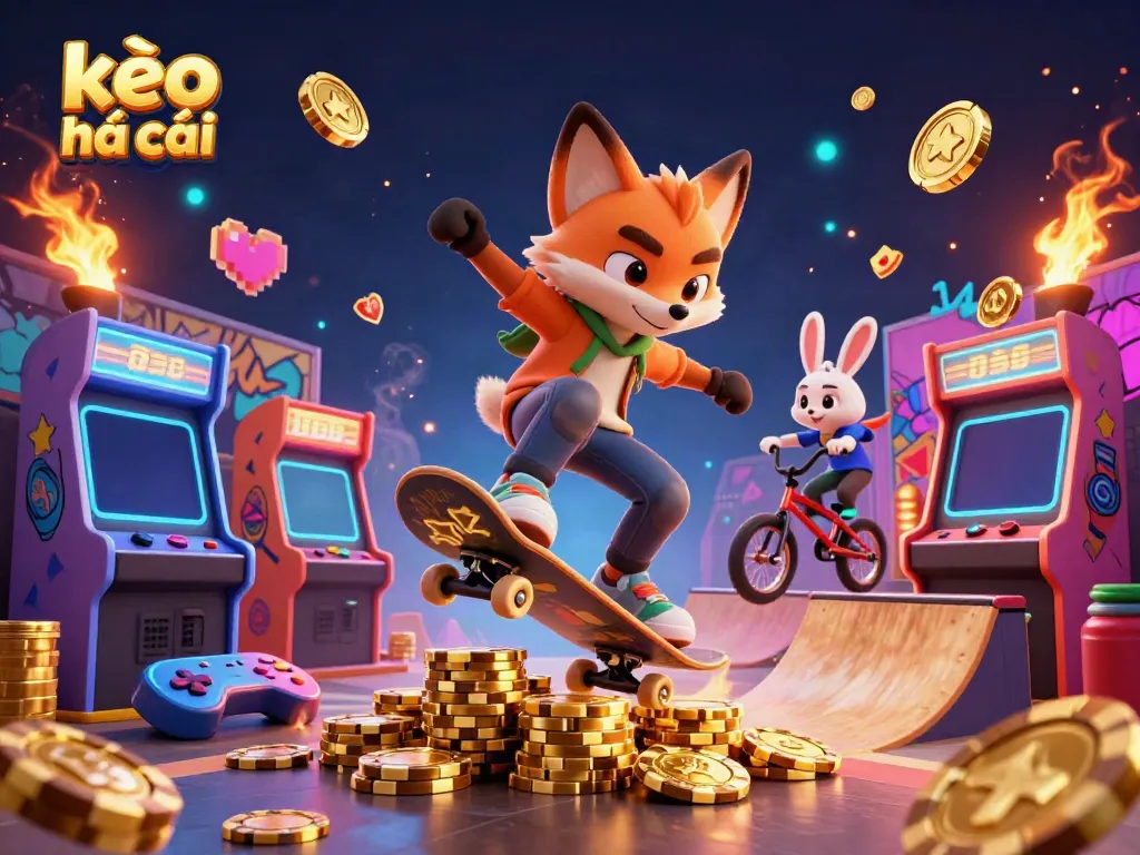 Action-packed kèo nhà cái illustration with 3D cartoon characters showcasing thrilling sports betting energy.