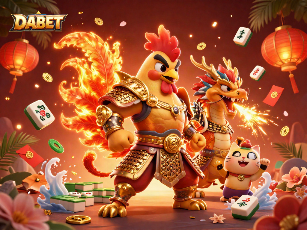 DABET engages players with a dynamic 3D casino scene featuring a fighting rooster and an armored dragon.