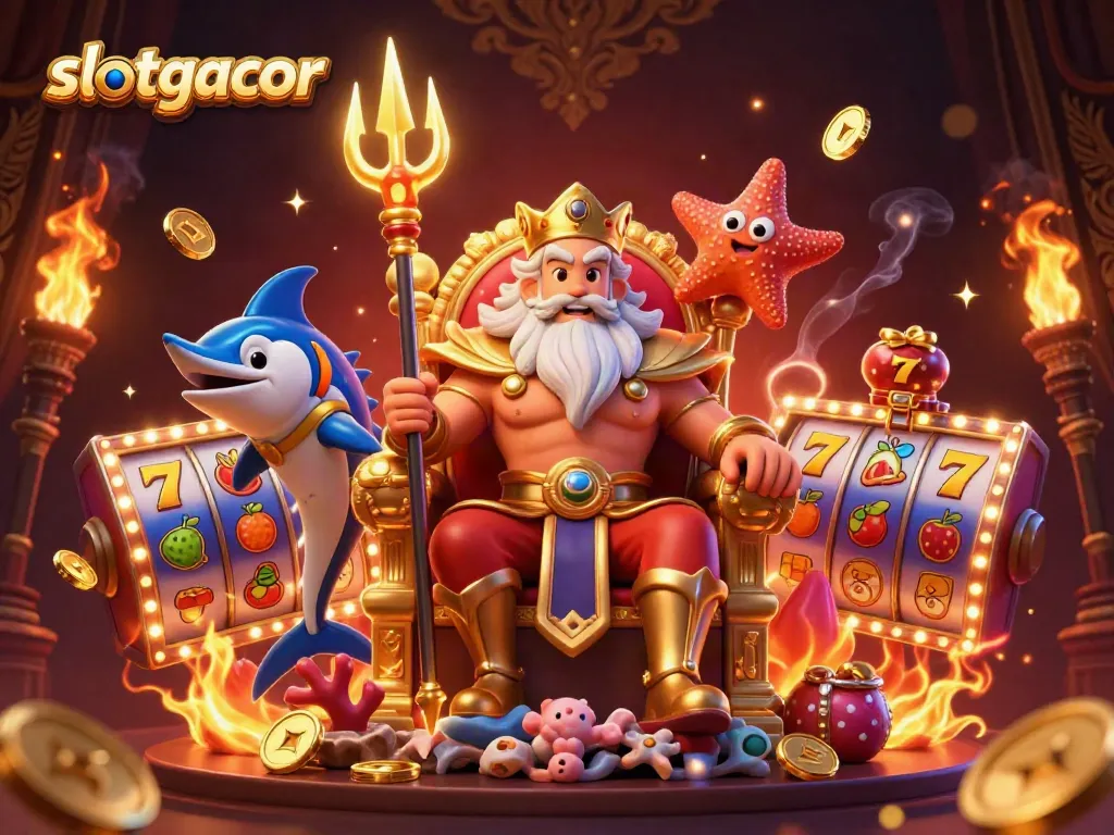 Engage with slotgacor features in this lively 3D casino scene with Neptune and dynamic game elements.