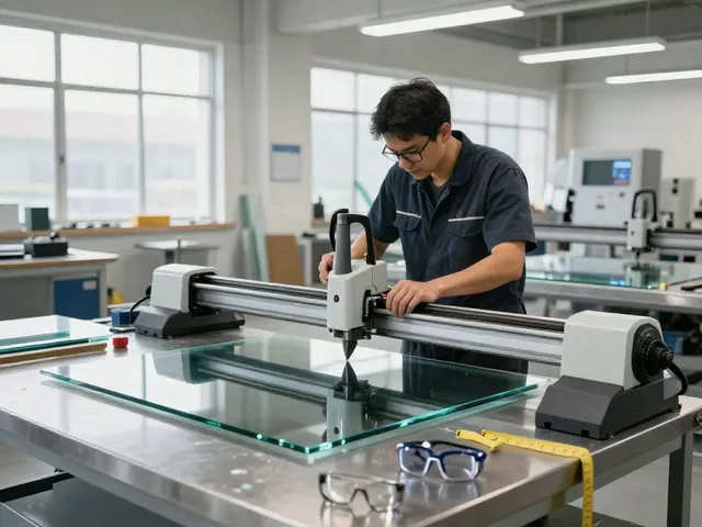 Glass cutting machine supplier technician skillfully operating precision equipment in a modern workshop.