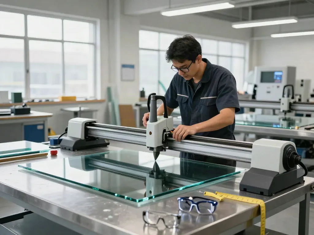 Glass cutting machine supplier technician skillfully operating precision equipment in a modern workshop.