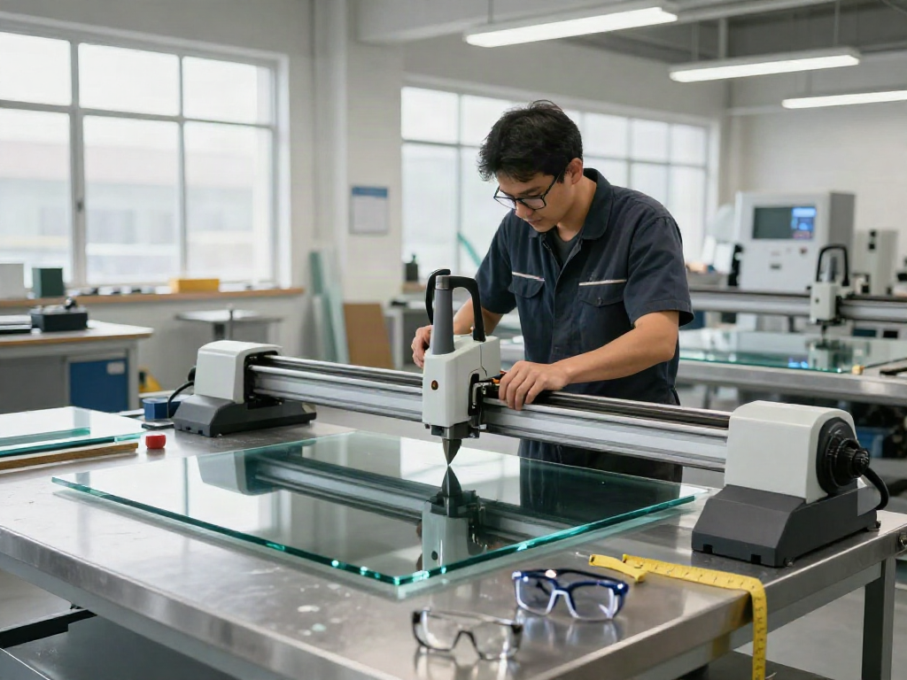Glass cutting machine supplier technician skillfully operating precision equipment in a modern workshop.