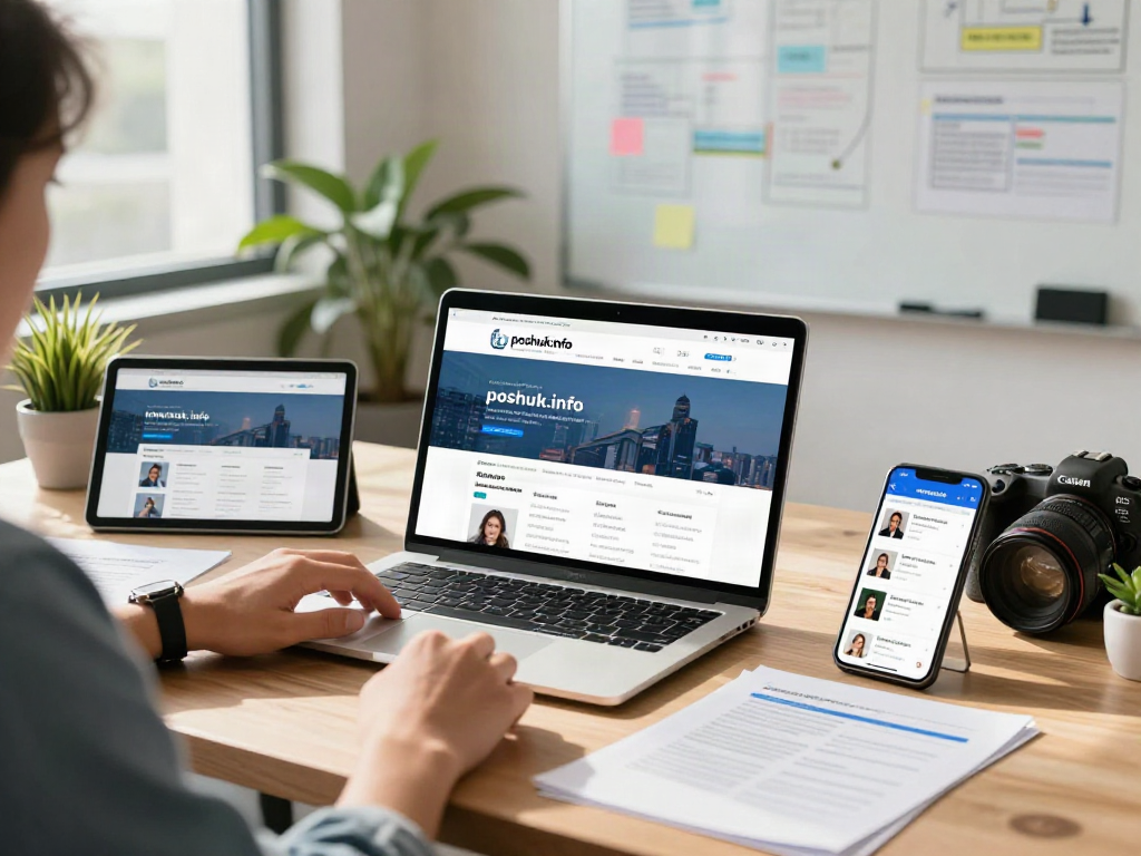 Explore the information portal poshuk.info in a modern office with digital devices and a collaborative atmosphere.