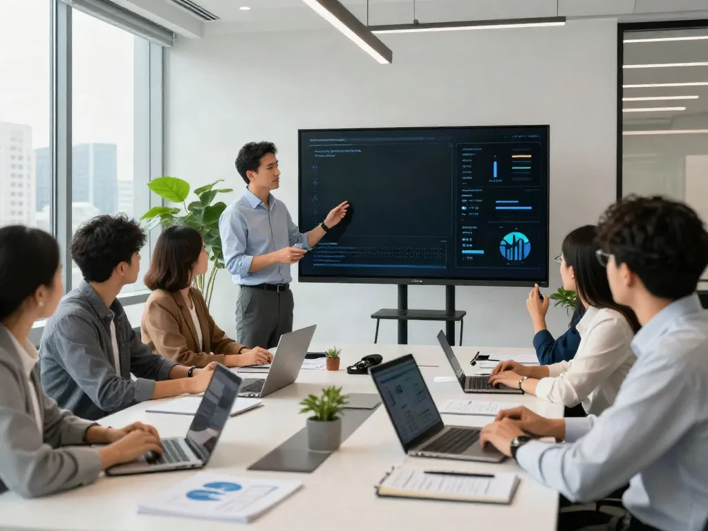 Collaboration scene featuring professionals discussing BPI Net Empresas banking strategies in a modern office.