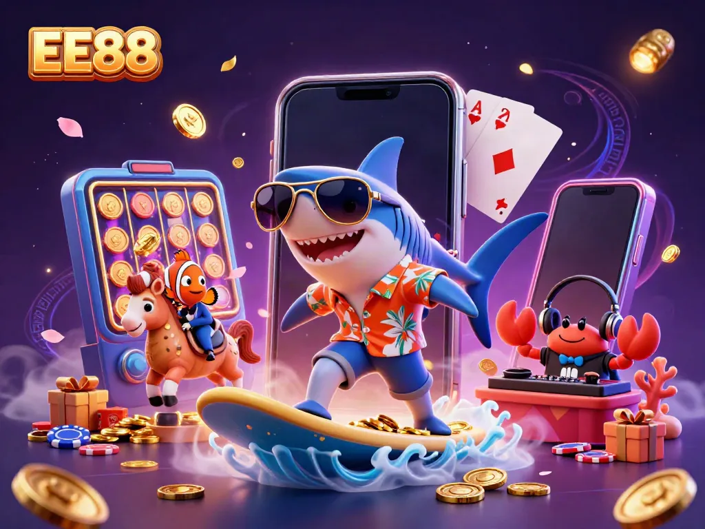 Engage with EE88 through a lively 3D scene of a shark surfing gold coins amidst vibrant casino games.