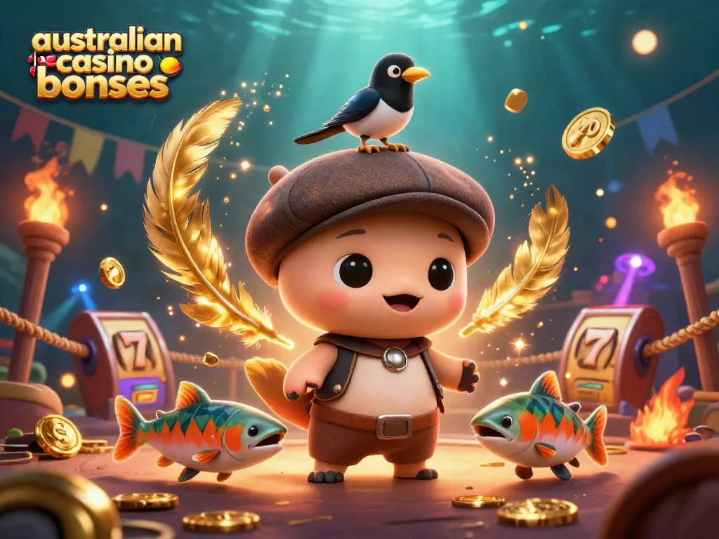 Spin to win with australian casino bonuses in a vibrant, lively casino scene featuring Nessie and friends.