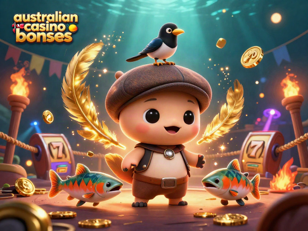 Spin to win with australian casino bonuses in a vibrant, lively casino scene featuring Nessie and friends.