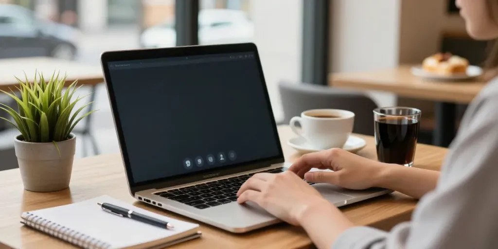 Person viewing Instagram stories anonymously with insanony on laptop in a cozy coffee shop.
